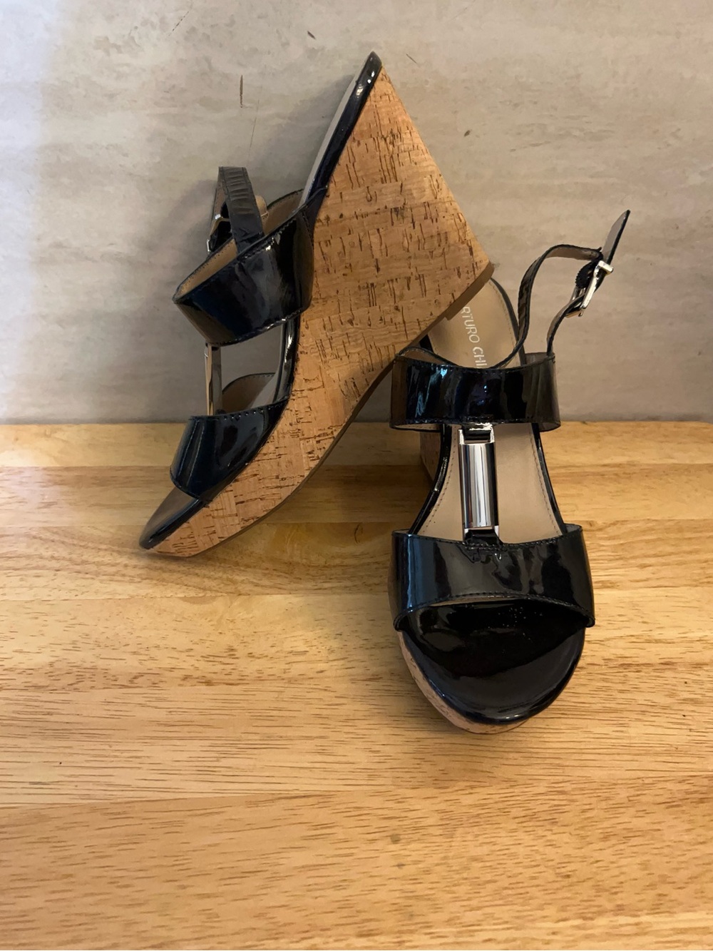 Arturo Chiang black patent leather wedge ankle strap sandals